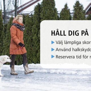 En kvinna med en hund under vinter. Text: Håll dig på benen: välj lämpliga skor för vädret- använd halkskydd- reservera tid för resorna.