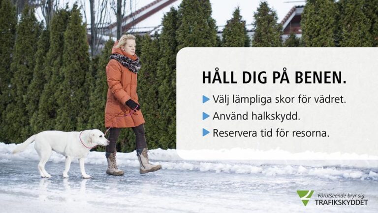 En kvinna med en hund under vinter. Text: Håll dig på benen: välj lämpliga skor för vädret- använd halkskydd- reservera tid för resorna.