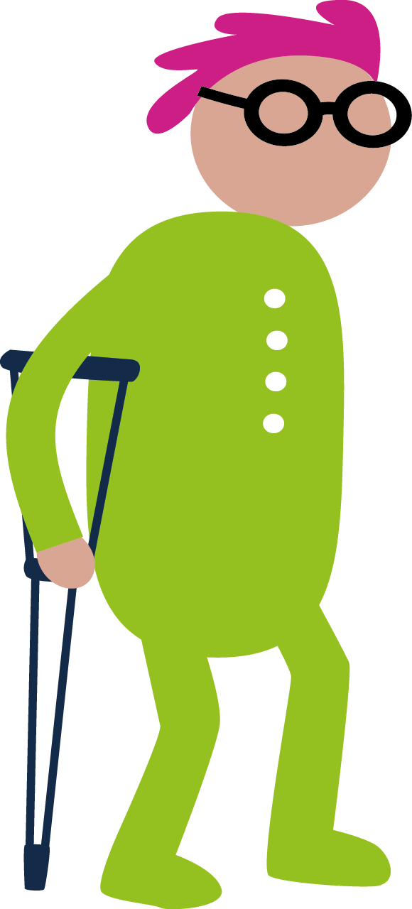 vihreä figuuri kainalosauvan kanssa